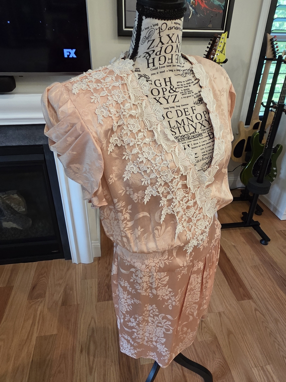 Jessica McClintock Peach Satin Robe with Cream Lace Trim